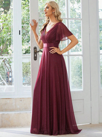EVER-PRETTY Surplice Neck Butterfly Sleeve Glitter Bridesmaid Dress