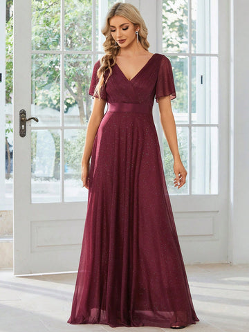 EVER-PRETTY Surplice Neck Butterfly Sleeve Glitter Bridesmaid Dress