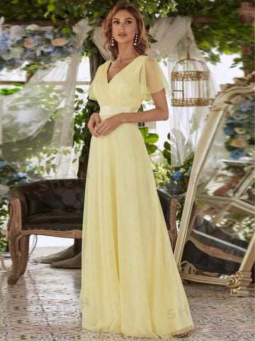 EVER-PRETTY Surplice Neck Flounce Sleeve Mesh Prom Dress