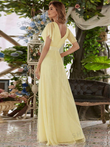 EVER-PRETTY Surplice Neck Flounce Sleeve Mesh Prom Dress