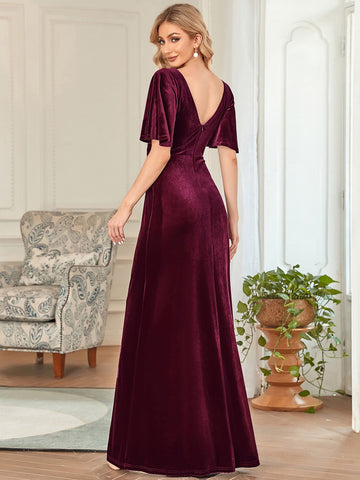 EVER-PRETTY Surplice Neck Flutter Sleeve Velvet Prom Dress