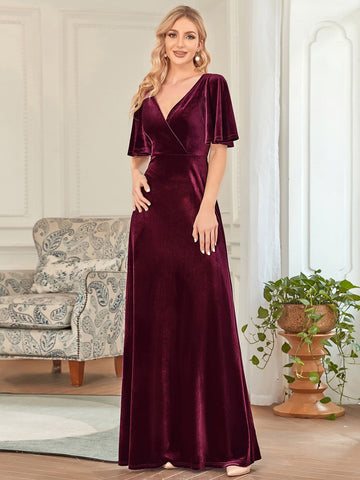 EVER-PRETTY Surplice Neck Flutter Sleeve Velvet Prom Dress