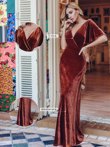 EVER-PRETTY Surplice Neck Flutter Sleeve Velvet Prom Dress