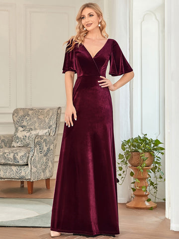 EVER-PRETTY Surplice Neck Flutter Sleeve Velvet Prom Dress