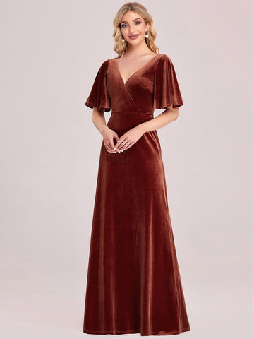 EVER-PRETTY Surplice Neck Flutter Sleeve Velvet Prom Dress