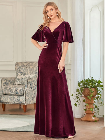 EVER-PRETTY Surplice Neck Flutter Sleeve Velvet Prom Dress