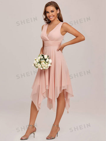 EVER-PRETTY Surplice Neck Hanky Hem Chiffon Bridesmaid Dress