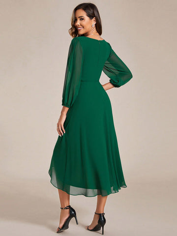 EVER-PRETTY Surplice Neck Lantern Sleeve High Low Hem Chiffon Party Bridesmaid Dress