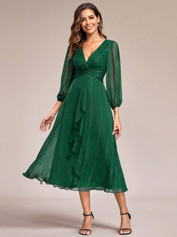 EVER-PRETTY Surplice Neck Lantern Sleeve Ruffle Trim Bridesmaid Dress