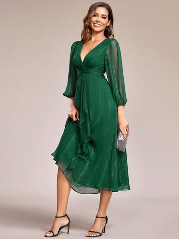 EVER-PRETTY Surplice Neck Lantern Sleeve Ruffle Trim Bridesmaid Dress