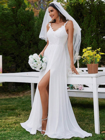 EVER-PRETTY V-Neck Appliques Split Thigh Wedding Dres