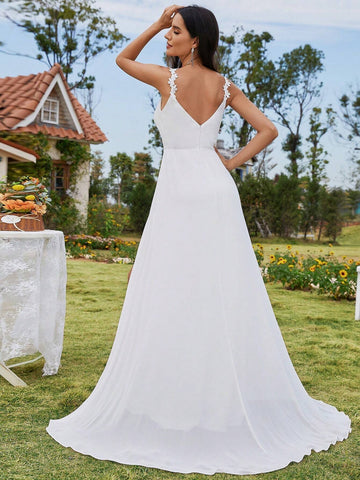 EVER-PRETTY V-Neck Appliques Split Thigh Wedding Dres