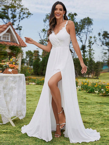 EVER-PRETTY V-Neck Appliques Split Thigh Wedding Dres
