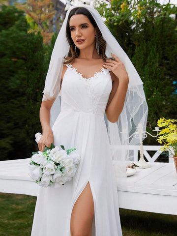 EVER-PRETTY V-Neck Appliques Split Thigh Wedding Dres