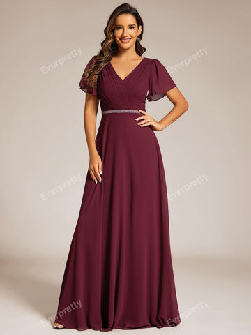 EVER-PRETTY V-Neck Pleated Ruffle Sleeve Chiffon Bridesmaid Dress