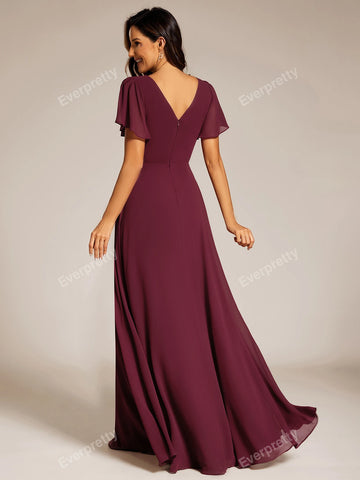 EVER-PRETTY V-Neck Pleated Ruffle Sleeve Chiffon Bridesmaid Dress