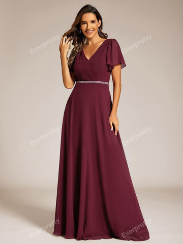 EVER-PRETTY V-Neck Pleated Ruffle Sleeve Chiffon Bridesmaid Dress