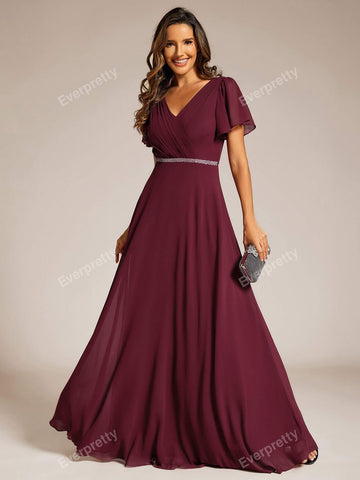 EVER-PRETTY V-Neck Pleated Ruffle Sleeve Chiffon Bridesmaid Dress