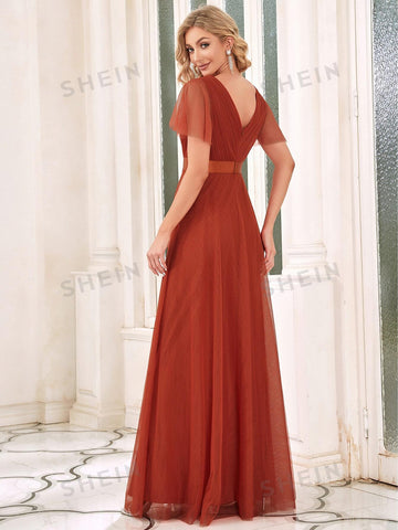 EVER-PRETTY V Neck Wrap Butterfly Sleeve Mesh Dress