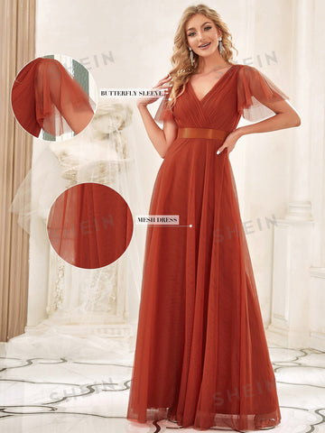 EVER-PRETTY V Neck Wrap Butterfly Sleeve Mesh Dress