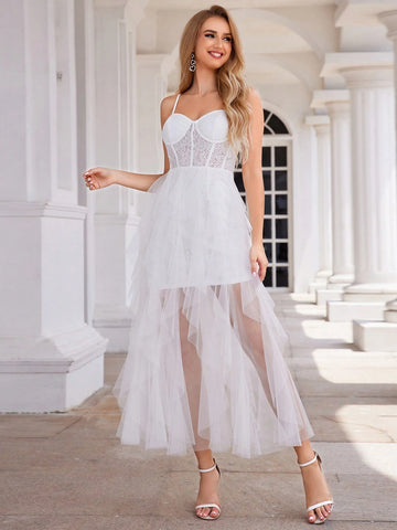 EVER-PRETTY White Lace See-Through Spaghetti Strap Party Dress With Mesh Irregular Hem