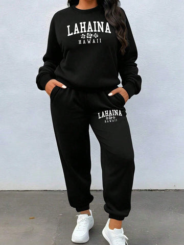 Lahaina Hawaii Flower Print Women's Casual Sports Sweater Set Two-Piece Set Autumn And Winter
