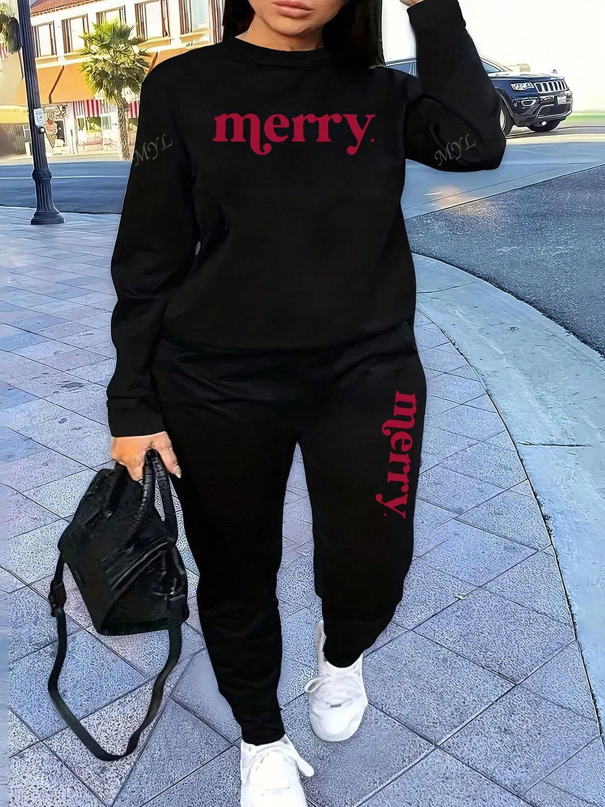 Letter Merry, Two-Piece Casual Sports Sweatshirt Suit For Women, Autumn And Winter