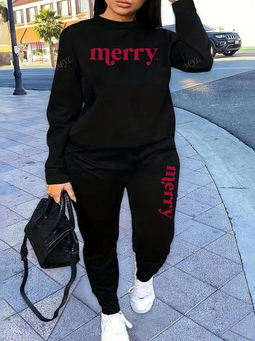Letter Merry, Two-Piece Casual Sports Sweatshirt Suit For Women, Autumn And Winter