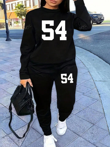 Number 54, Two-Piece Casual Sports Sweatshirt Suit For Women, Autumn And Winter