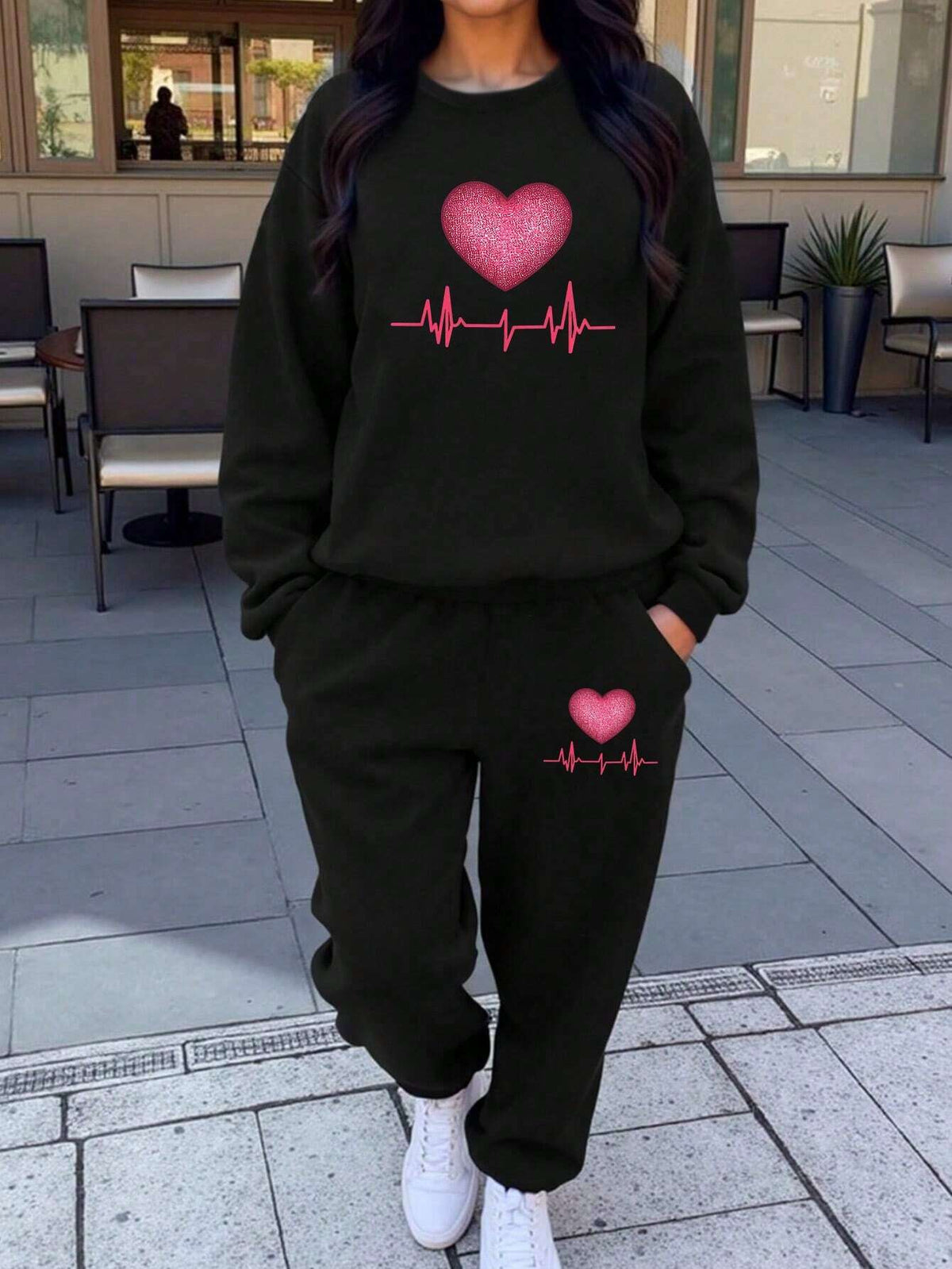 Valentine's Day Heart Print Women's Casual Sweatshirts Set Two-Piece Set Autumn And Winter