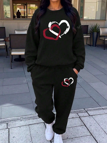 Valentine's Day Heart Women's Casual Sports Sweater Set Two-Piece Set Autumn And Winter