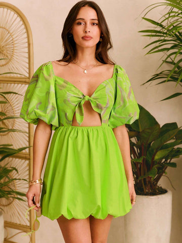 E Shatia Atelier Bubble Sleeve Hollow Out Knot Front Dress