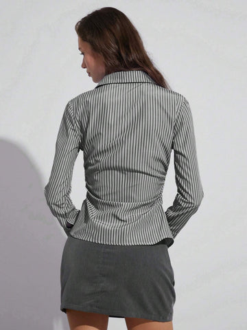 Easelle Casual Holiday Blue And White Striped Long Sleeve Fitted Pleated Shirt