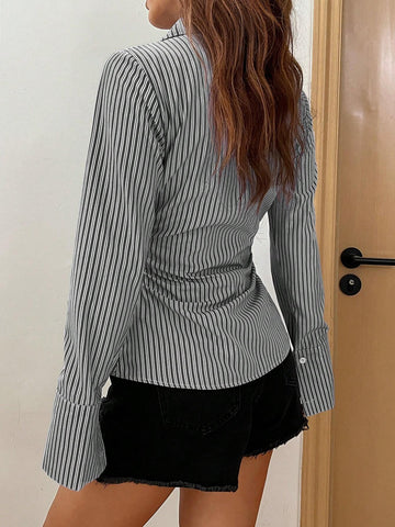 Easelle Casual Holiday Blue And White Striped Long Sleeve Fitted Pleated Shirt