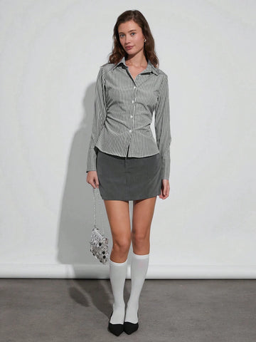 Easelle Casual Holiday Blue And White Striped Long Sleeve Fitted Pleated Shirt