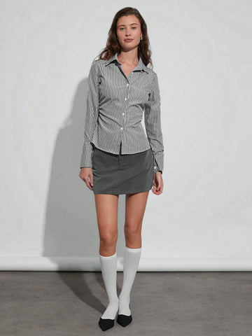 Easelle Casual Holiday Blue And White Striped Long Sleeve Fitted Pleated Shirt