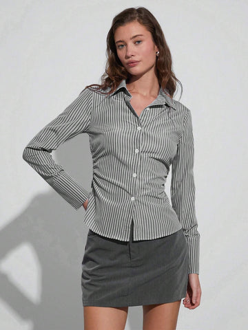 Easelle Casual Holiday Blue And White Striped Long Sleeve Fitted Pleated Shirt