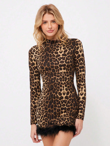 Easelle Leopard Pattern Splicing Plush Bodycon Mini Dress, Fashionable For Autumn