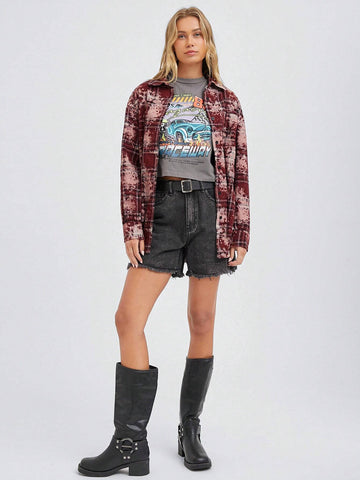 Easelle Red Plaid Pattern Fluffy Textured Fabric Loose Casual Long Sleeve Shirt, Autumn Winter