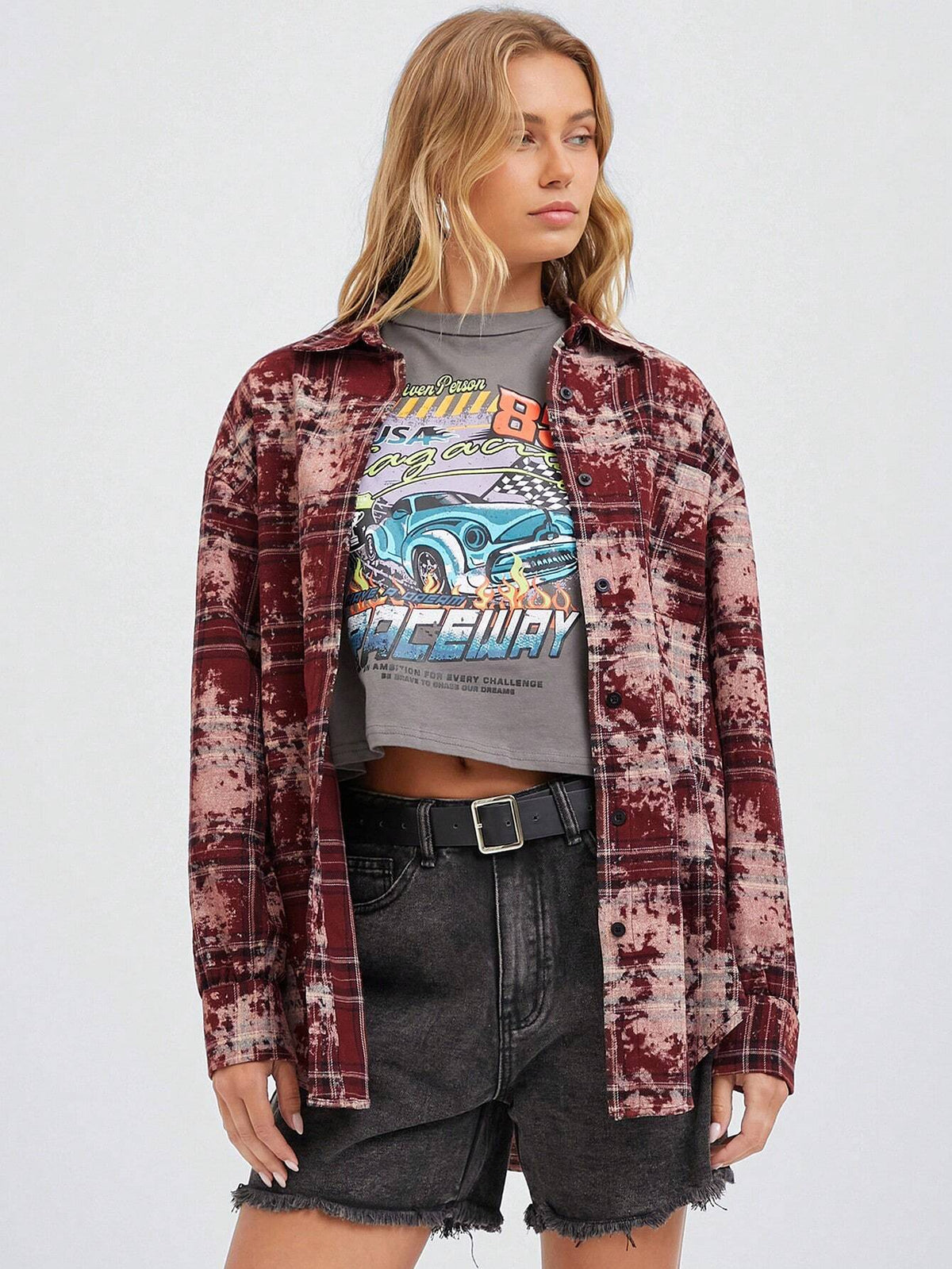 Easelle Red Plaid Pattern Fluffy Textured Fabric Loose Casual Long Sleeve Shirt, Autumn Winter