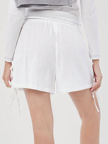 Easelle Women's Casual Sweet Bowknot Side Tie White Linen Loose Shorts