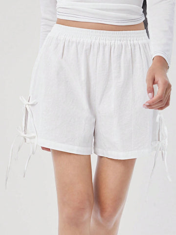 Easelle Women's Casual Sweet Bowknot Side Tie White Linen Loose Shorts