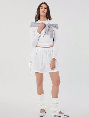 Easelle Women's Casual Sweet Bowknot Side Tie White Linen Loose Shorts