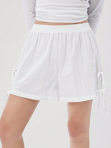 Easelle Women's Casual Sweet Bowknot Side Tie White Linen Loose Shorts