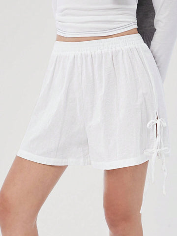 Easelle Women's Casual Sweet Bowknot Side Tie White Linen Loose Shorts