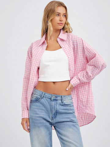 Easelle Woven Leisure Women Summer/Fall Hot Pink Plaid Print Drop Shoulder Long Sleeve Loose Shirt
