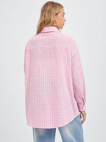 Easelle Woven Leisure Women Summer/Fall Hot Pink Plaid Print Drop Shoulder Long Sleeve Loose Shirt