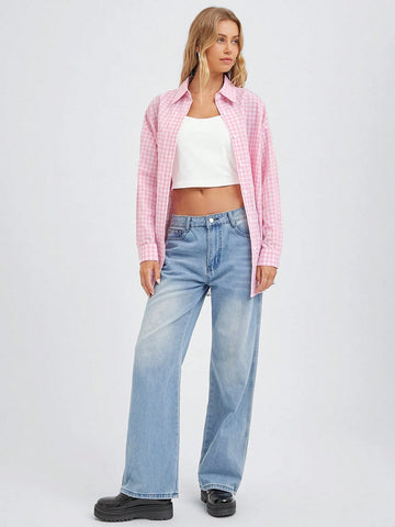 Easelle Woven Leisure Women Summer/Fall Hot Pink Plaid Print Drop Shoulder Long Sleeve Loose Shirt