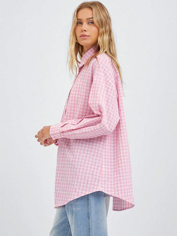 Easelle Woven Leisure Women Summer/Fall Hot Pink Plaid Print Drop Shoulder Long Sleeve Loose Shirt
