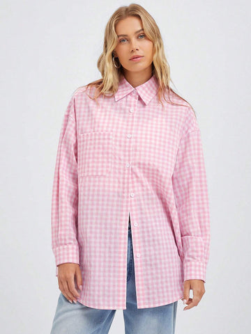 Easelle Woven Leisure Women Summer/Fall Hot Pink Plaid Print Drop Shoulder Long Sleeve Loose Shirt